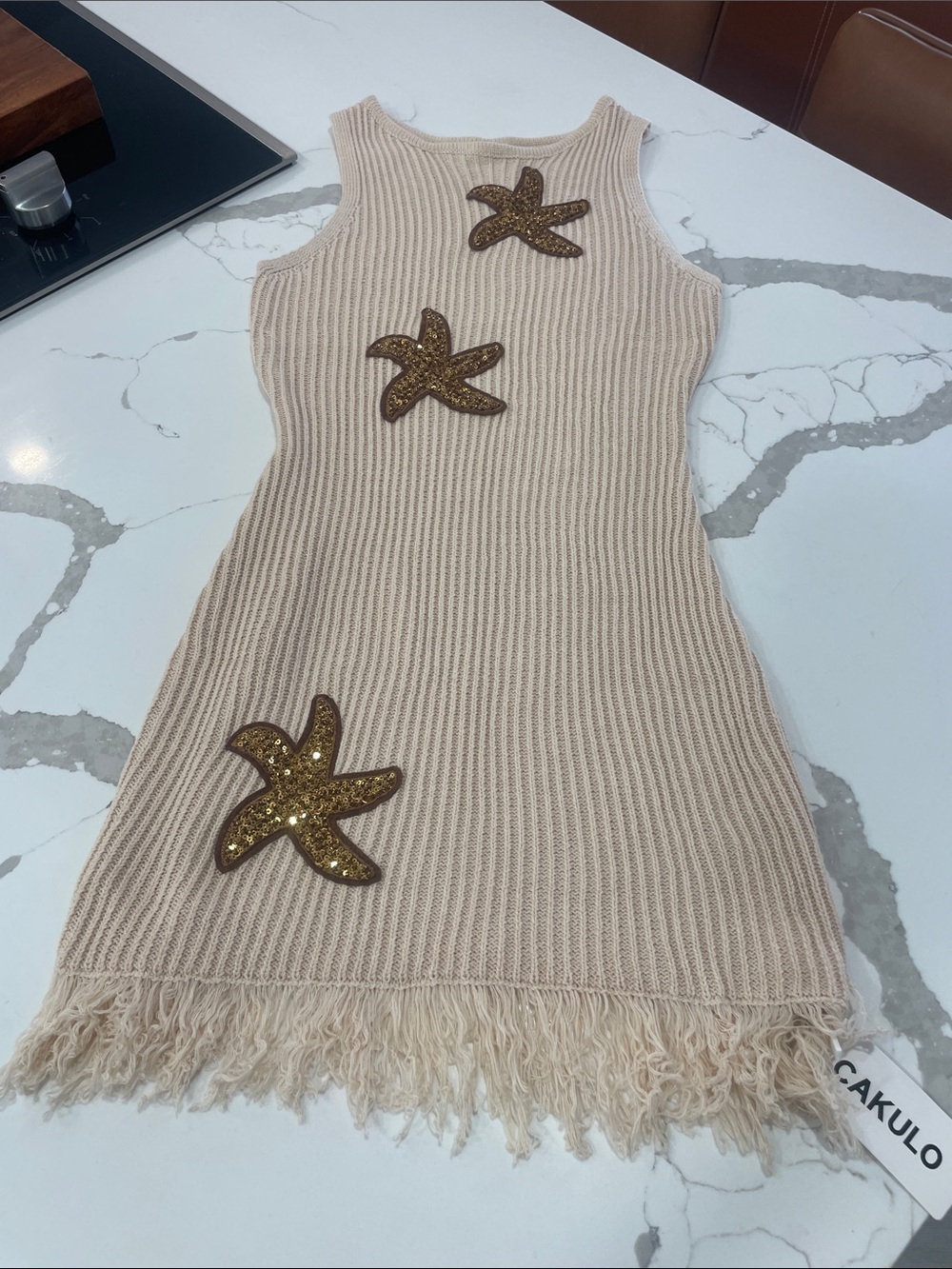 Cream Knit Dress with Gold Starfish Appliqués